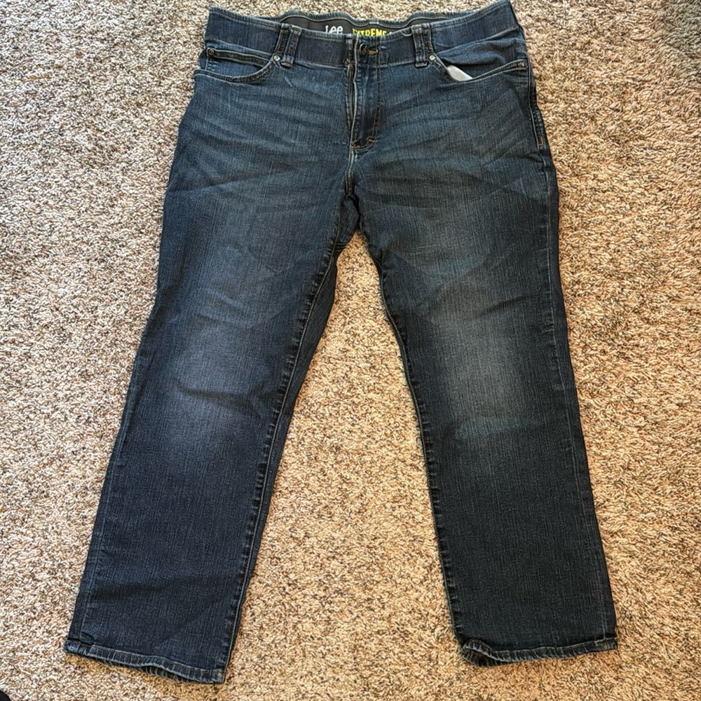 Lee Jeans Men 38x29 Blue Extreme Motion Straight Fit Tapered Leg Stretch Work